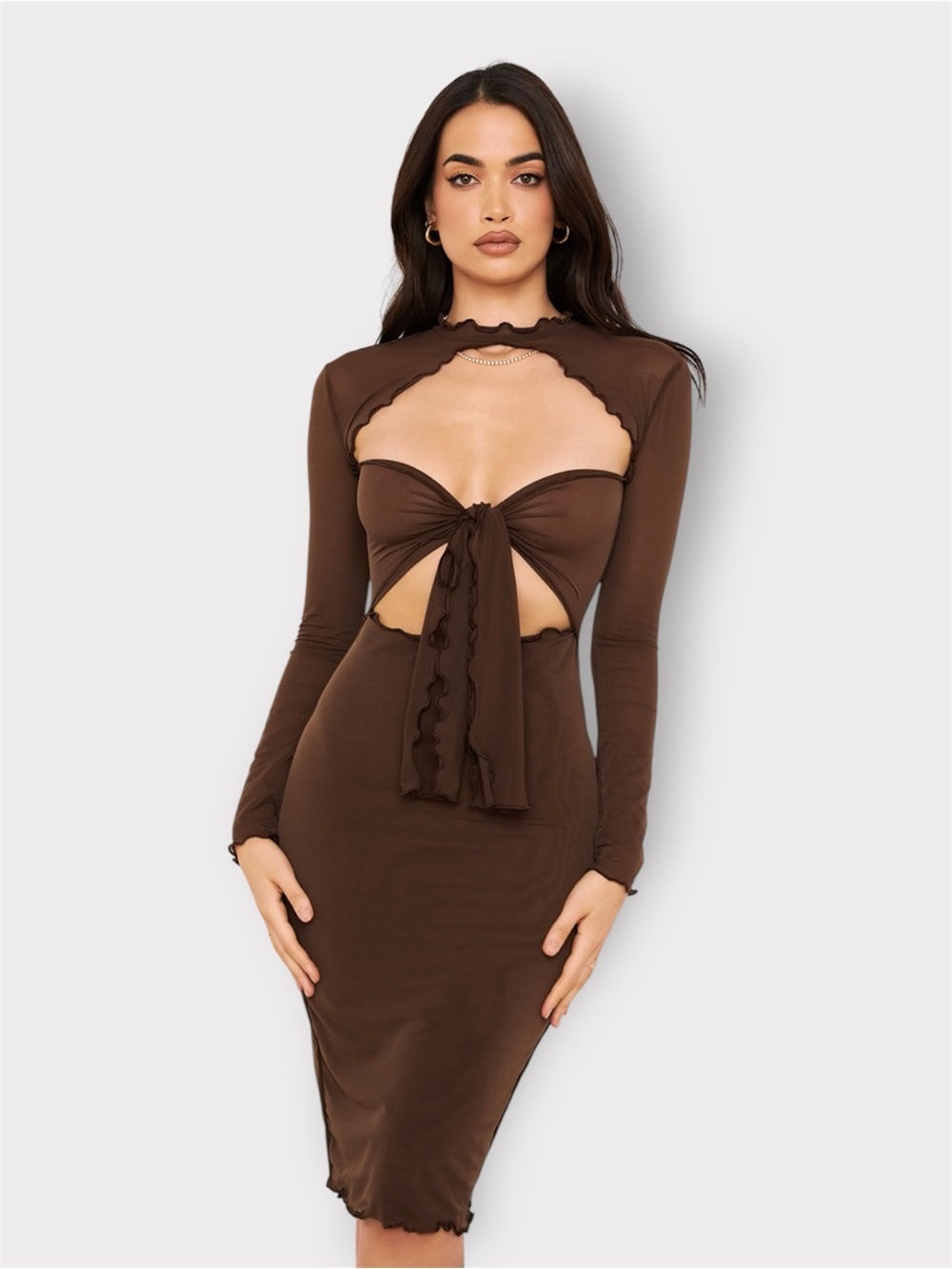 House of CB, Brown Long Sleeve Tie-Front Cutout Dress - Picture 3 of 10
